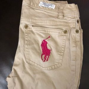 Khaki pants with big pink pony